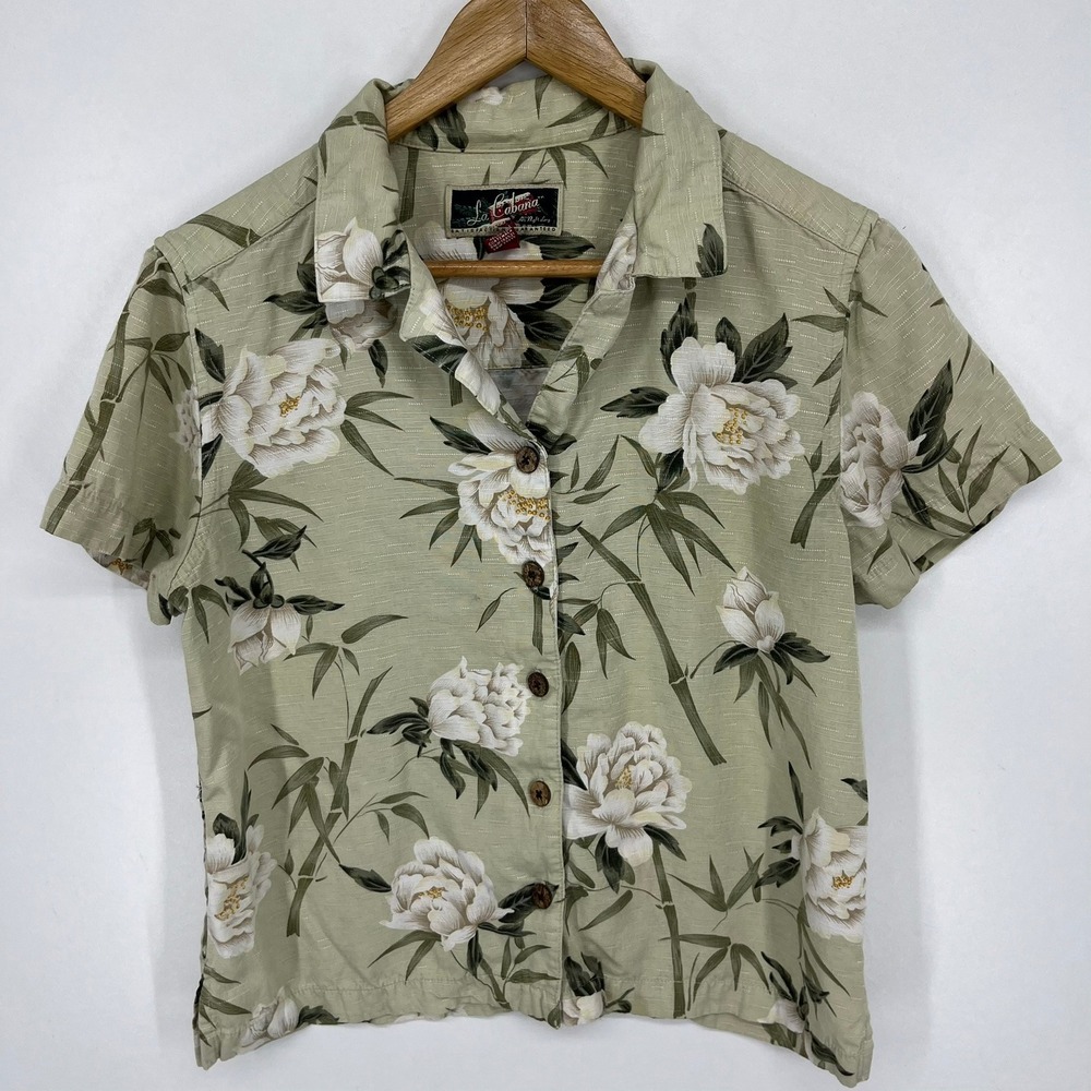 La Cabana Womens Sage Green Tropical Floral Peony Rayon Button Up Shirt Small